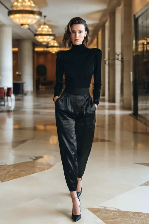 A stylish woman wears a black satin long-sleeve top paired with high-waisted black trousers and pointed heels, full body inside a luxury hotel lobby decorated for winter 