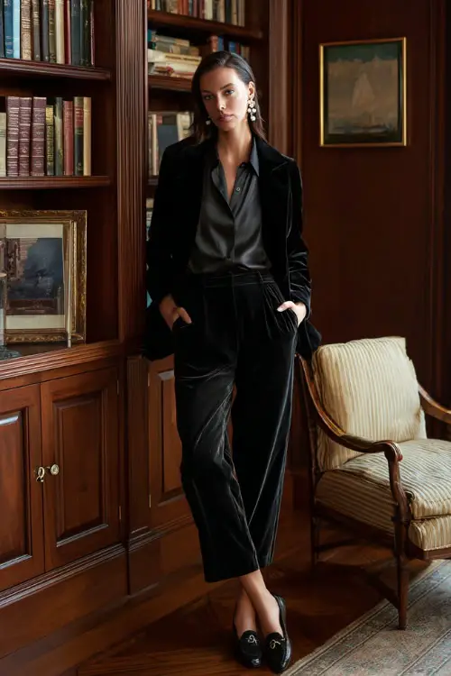 A stylish woman wears a black velvet blazer over a black satin blouse and straight-leg trousers, paired with pearl earrings and loafers