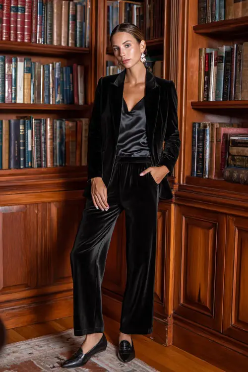 A stylish woman wears a black velvet blazer over a black satin blouse and straight-leg trousers, paired with pearl earrings and loafers