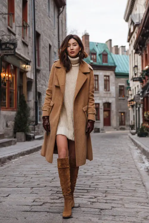 A stylish woman wears a camel wool coat layered over a cream knit turtleneck dress, paired with brown leather gloves and knee-high suede boots