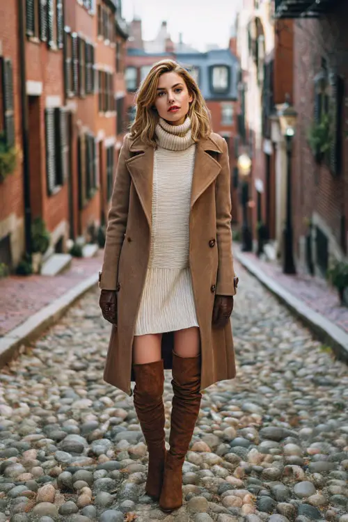 A stylish woman wears a camel wool coat layered over a cream knit turtleneck dress, paired with brown leather gloves and knee-high suede boots