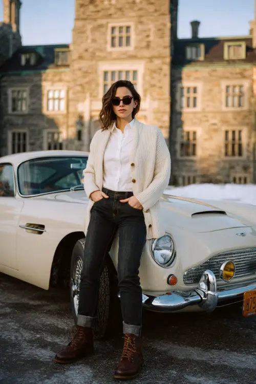 A stylish woman wears a cream cardigan over a crisp white shirt with dark jeans and brown boots