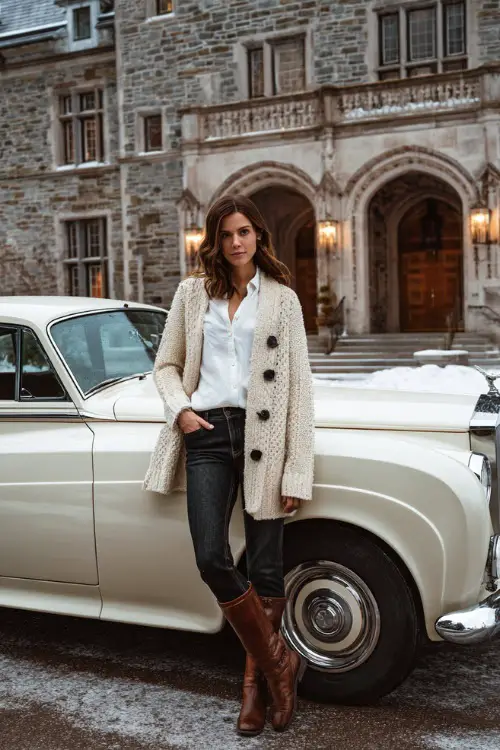 A stylish woman wears a cream cardigan over a crisp white shirt with dark jeans and brown boots, standing full body near a vintage car parked in front of a grand stone manor in winter
