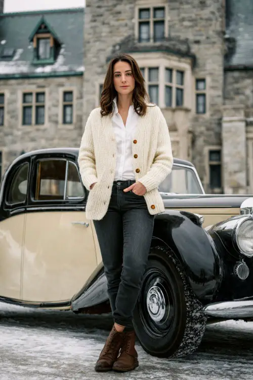 A stylish woman wears a cream cardigan over a crisp white shirt with dark jeans and brown boots