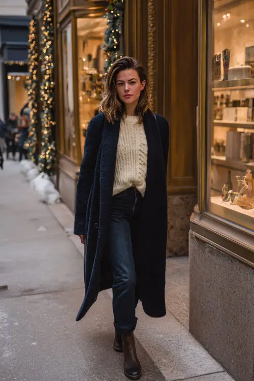A stylish woman wears a cream sweater with a long navy coat, dark jeans, and ankle boots, standing full body strolling past high-end boutiques glowing with winter window displays