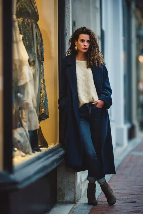 A stylish woman wears a cream sweater with a long navy coat, dark jeans, and ankle boots, standing full body strolling past high-end boutiques glowing with winter window displays