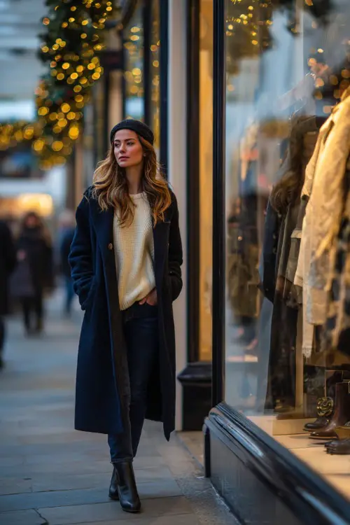 A stylish woman wears a cream sweater with a long navy coat, dark jeans, and ankle boots, standing full body strolling past high-end boutiques glowing with winter window displays