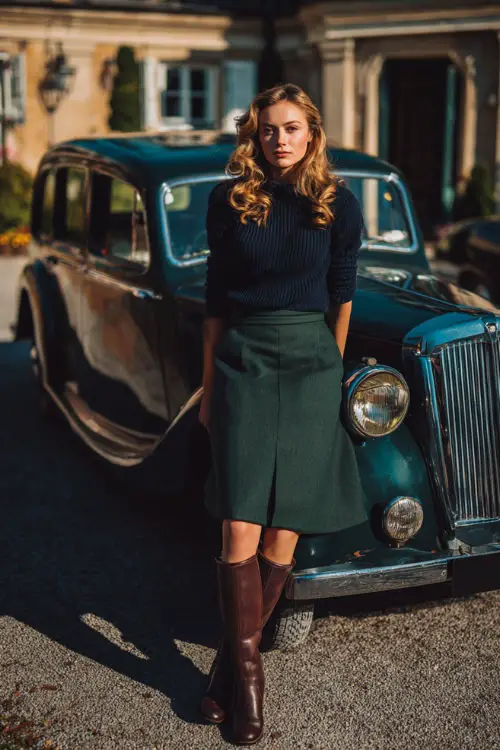 A stylish woman wears a dark green wool skirt with a navy cashmere sweater and riding boots, standing full body near a vintage car parked outside a winter estate