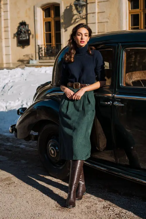 A stylish woman wears a dark green wool skirt with a navy cashmere sweater and riding boots, standing full body near a vintage car parked outside a winter estate
