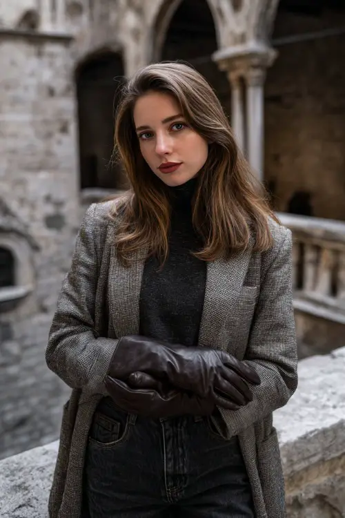 A stylish woman wears a gray herringbone jacket with a turtleneck and dark-wash jeans, accessorized with leather gloves 