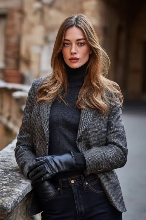 A stylish woman wears a gray herringbone jacket with a turtleneck and dark-wash jeans, accessorized with leather gloves