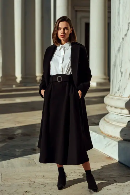 A stylish woman wears a long black A-line skirt with a white button-up shirt layered under a belted wool coat, standing full body in a marble-columned university courtyard in winter