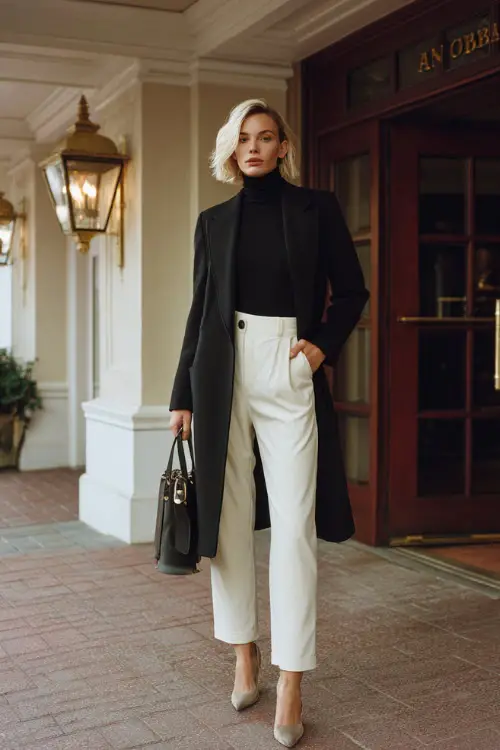 A stylish woman wears a tailored black coat over a cream turtleneck and winter white trousers, carrying a structured handbag