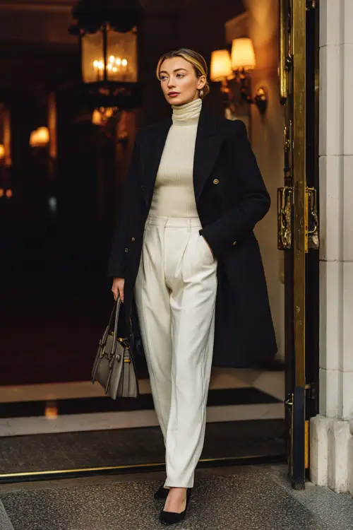 A stylish woman wears a tailored black coat over a cream turtleneck and winter white trousers, carrying a structured handbag
