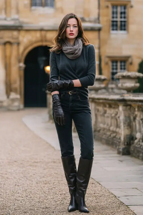 A stylish woman wears dark jeans with a charcoal cashmere wrap sweater, paired with leather gloves and heeled boots, standing full body in a stone courtyard behind an old estate