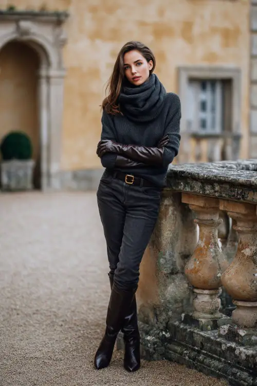 A stylish woman wears dark jeans with a charcoal cashmere wrap sweater, paired with leather gloves and heeled boots, standing full body in a stone courtyard behind an old estate