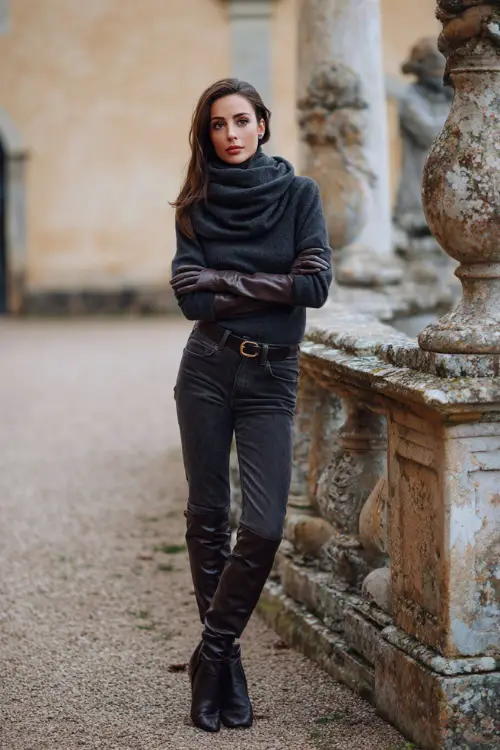 A stylish woman wears dark jeans with a charcoal cashmere wrap sweater, paired with leather gloves and heeled boots, standing full body in a stone courtyard behind an old estate