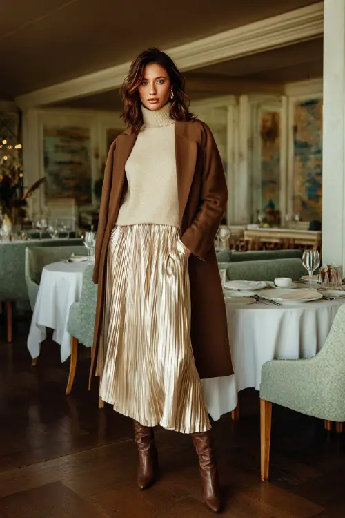 A woman dressed in a cashmere sweater tucked into a satin or pleated midi skirt, layered with a long coat and elegant ankle boots, posing in a chic winter brunch setting