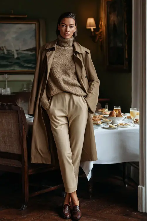 A woman dressed in a high-neck sweater paired with tailored straight-leg trousers, layered with a classic trench-style wool coat and loafers