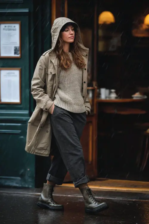 A woman dressed in a knit sweater layered under a hooded trench coat, paired with straight-leg pants and waterproof ankle boots