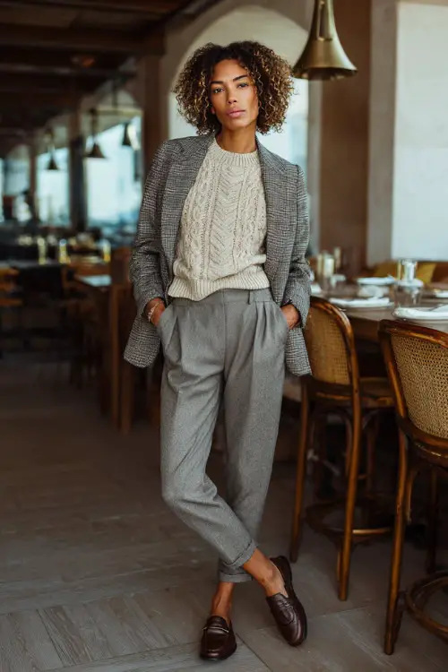 A woman dressed in a knit sweater layered under a tailored blazer and wool trousers, paired with loafers or low heels, standing in a chic indoor brunch café with natural light