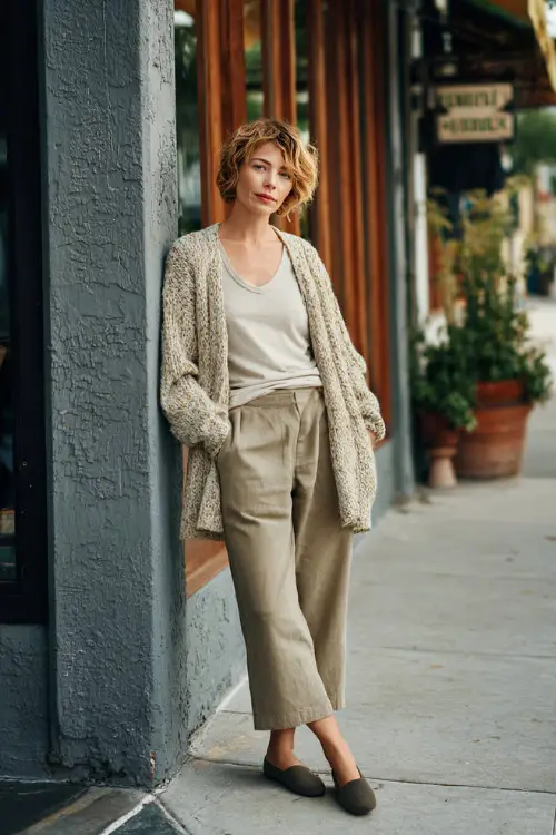 A woman dressed in a lightweight cardigan layered over a simple top, paired with straight-leg pants and comfortable flats 