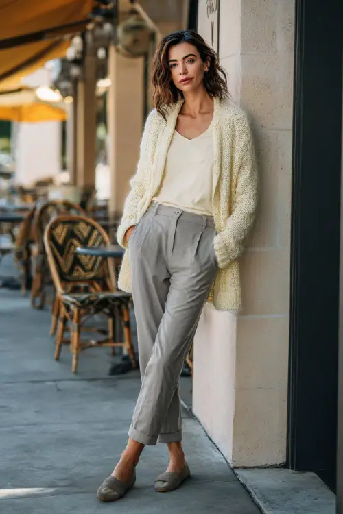 A woman dressed in a lightweight cardigan layered over a simple top, paired with straight-leg pants and comfortable flats, posing on a quiet sidewalk near a breakfast brunch café