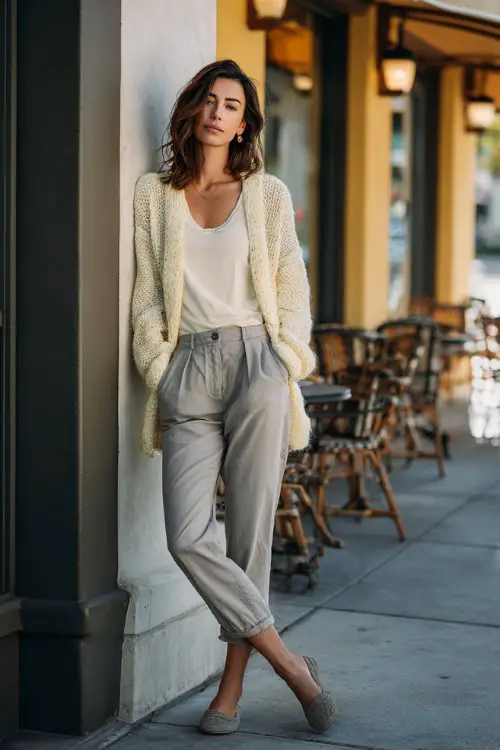 A woman dressed in a lightweight cardigan layered over a simple top, paired with straight-leg pants and comfortable flats