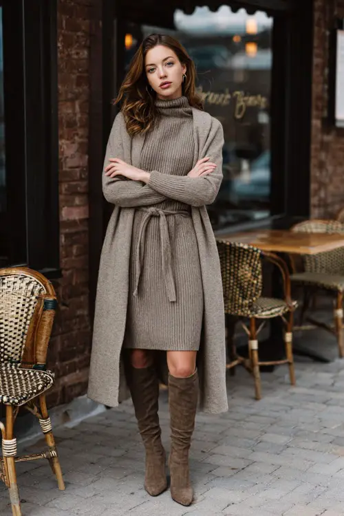 A woman dressed in a modest knit dress with long sleeves, layered with a belted wool coat and styled with knee-high boots, posing outside a stylish winter brunch café
