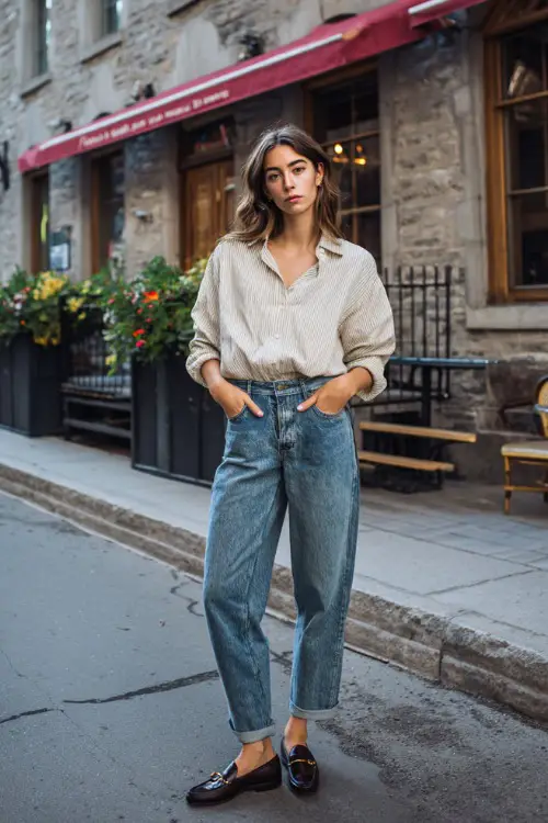 A woman dressed in a relaxed button-down shirt worn slightly oversized with straight-leg jeans and loafers, posing on a quiet city street near a café