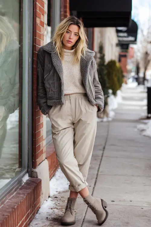 A woman dressed in a soft sweater layered with a casual jacket and straight-leg trousers, paired with ankle boots 