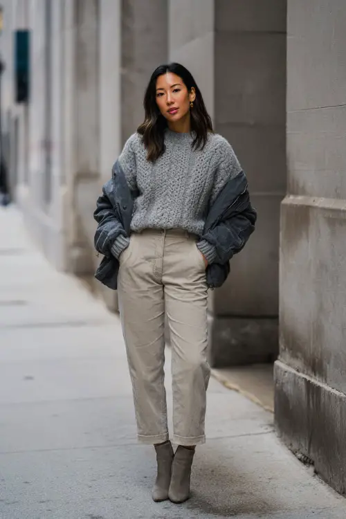 A woman dressed in a soft sweater layered with a casual jacket and straight-leg trousers, paired with ankle boots, posing on a calm city sidewalk near a winter brunch spot