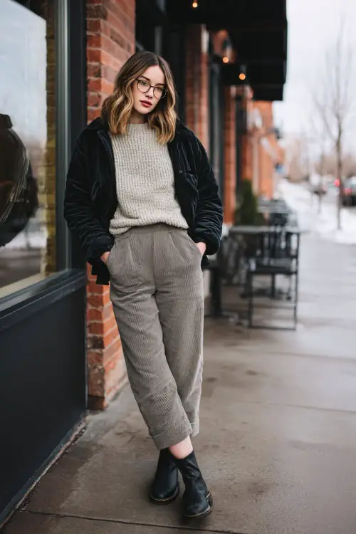 A woman dressed in a soft sweater layered with a casual jacket and straight-leg trousers, paired with ankle boots