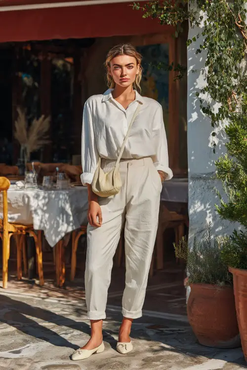 A woman dressed in a tucked-in cotton blouse paired with relaxed trousers and ballet flats, carrying a small shoulder bag