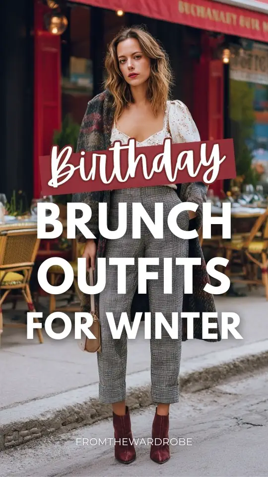 A woman dressed in a winter birthday brunch outfit with straight-leg trousers paired with a romantic blouse and a statement wool coat