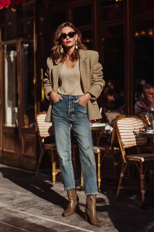 A woman dressed in straight-leg jeans with a chic knit top and a cropped wool jacket, styled with ankle boots and statement earrings