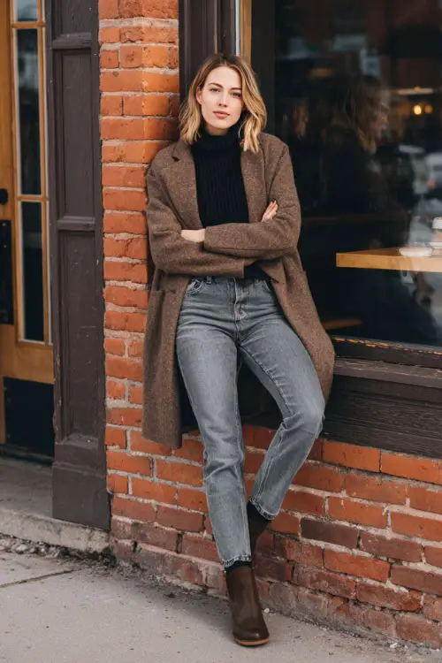A woman dressed in straight-leg jeans with a cozy turtleneck sweater and a casual wool coat, paired with Chelsea boots 