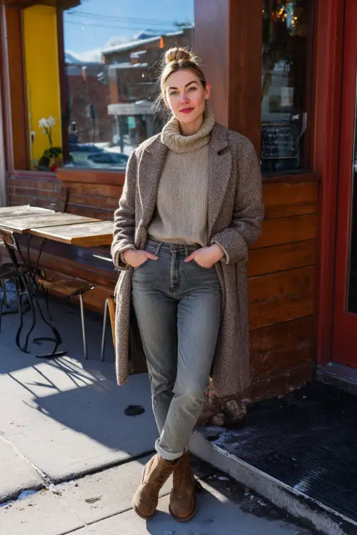A woman dressed in straight-leg jeans with a cozy turtleneck sweater and a casual wool coat, paired with Chelsea boots 
