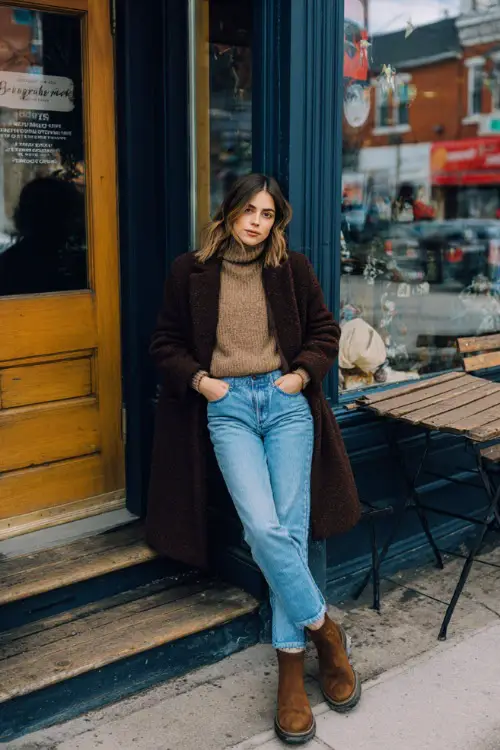 A woman dressed in straight-leg jeans with a cozy turtleneck sweater and a casual wool coat, paired with Chelsea boots