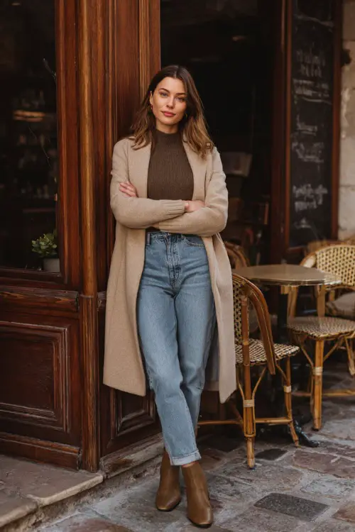 A woman dressed in straight-leg jeans with a fitted knit top and a classic wool coat, styled with ankle boots and minimal jewelry, posing outside a cozy winter brunch spot 