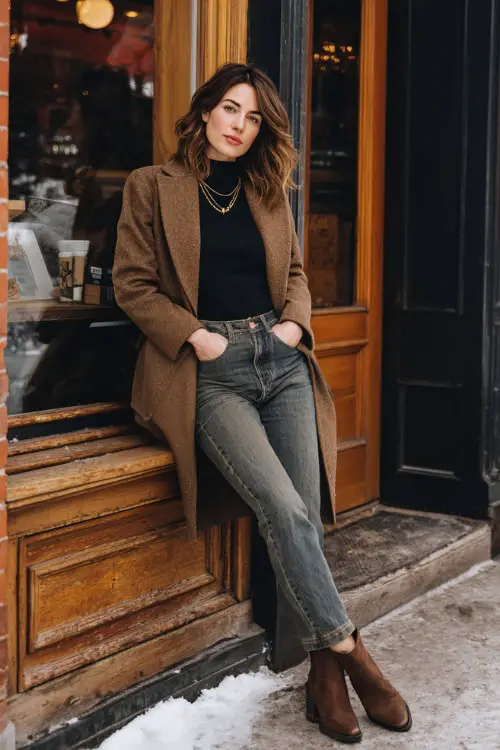 A woman dressed in straight-leg jeans with a fitted knit top and a classic wool coat, styled with ankle boots and minimal jewelry, posing outside a cozy winter brunch spot