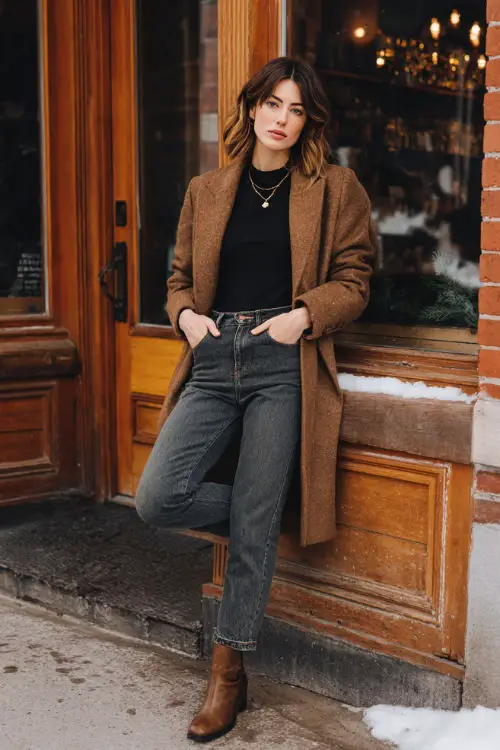 A woman dressed in straight-leg jeans with a fitted knit top and a classic wool coat, styled with ankle boots and minimal jewelry, posing outside a cozy winter brunch spot