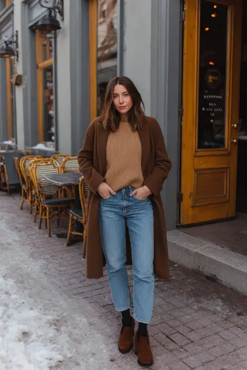A woman dressed in straight-leg jeans with a soft knit sweater and a classic wool coat, styled with Chelsea boots and minimal accessories