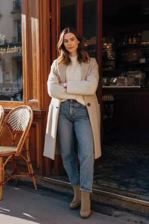 A woman dressed in straight-leg jeans with a soft knit sweater and a classic wool coat, styled with Chelsea boots and minimal accessories, posing outside a cozy brunch spot in winter