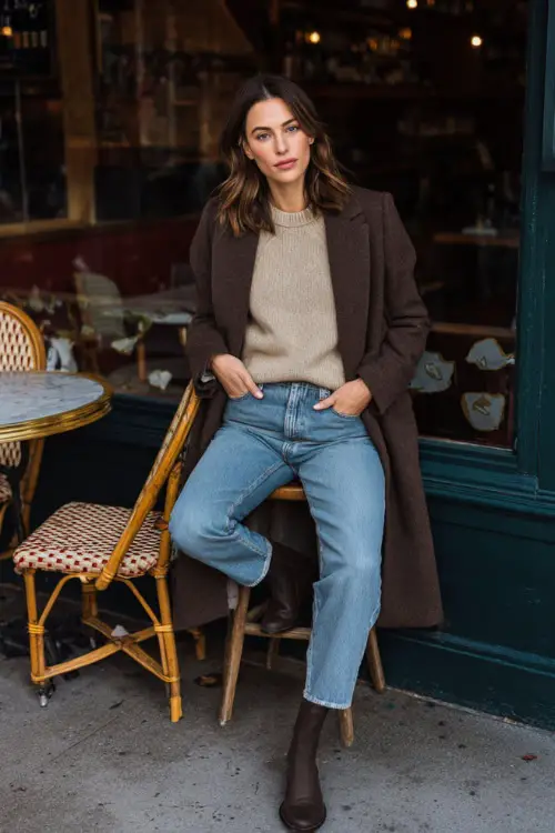 A woman dressed in straight-leg jeans with a soft knit sweater and a classic wool coat, styled with Chelsea boots and minimal accessories