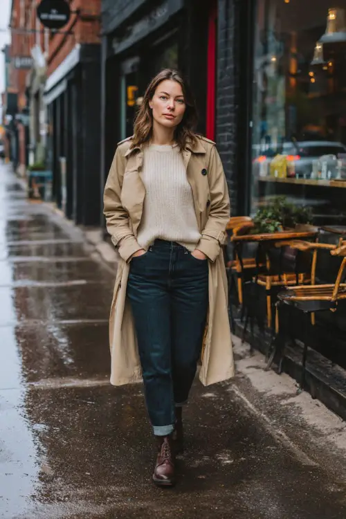 A woman dressed in straight-leg jeans with a soft sweater and a classic trench coat, paired with Chelsea boots