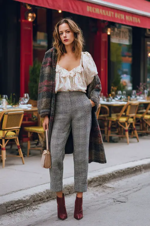 A woman dressed in straight-leg trousers paired with a romantic blouse and a statement wool coat, styled with heeled boots and a small shoulder bag 