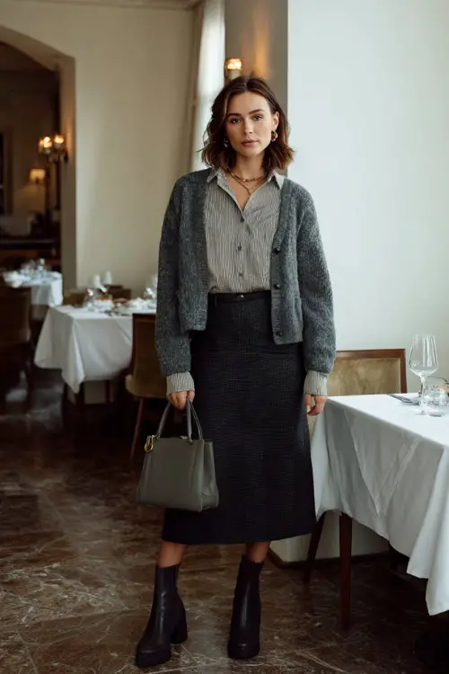 A woman in a buttoned-up cardigan layered over a blouse, paired with a midi skirt and ankle boots, carrying a structured handbag, posing in a calm winter brunch environment