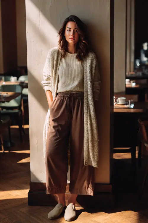 A woman in a casual knit top layered under an open cardigan, paired with wide-leg pants and slip-on shoes, posing in a warm indoor brunch café with natural light 