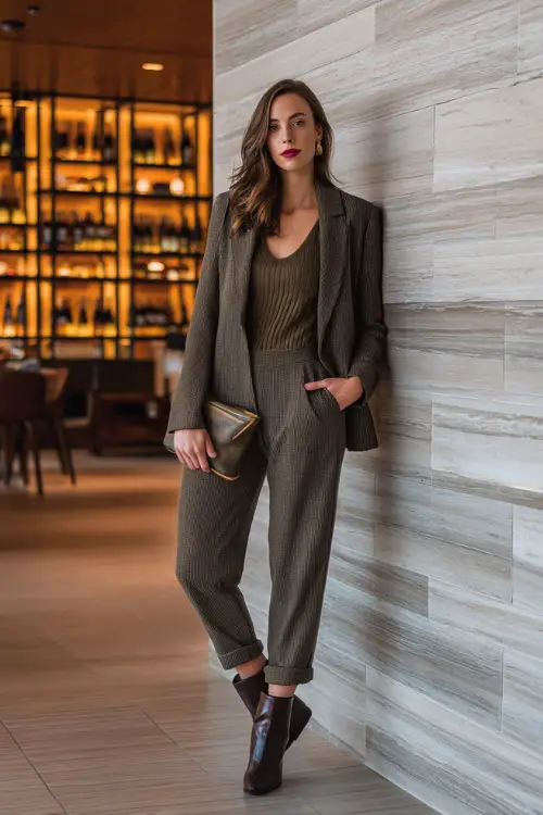 A woman in a chic knit top layered with a blazer and straight-leg pants, accessorized with a clutch and ankle boots 